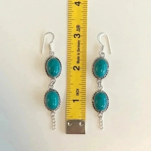 Long Tibetan Turquoise & 925 Sterling Silver Drop Earrings NWT - Picture 3 of 3